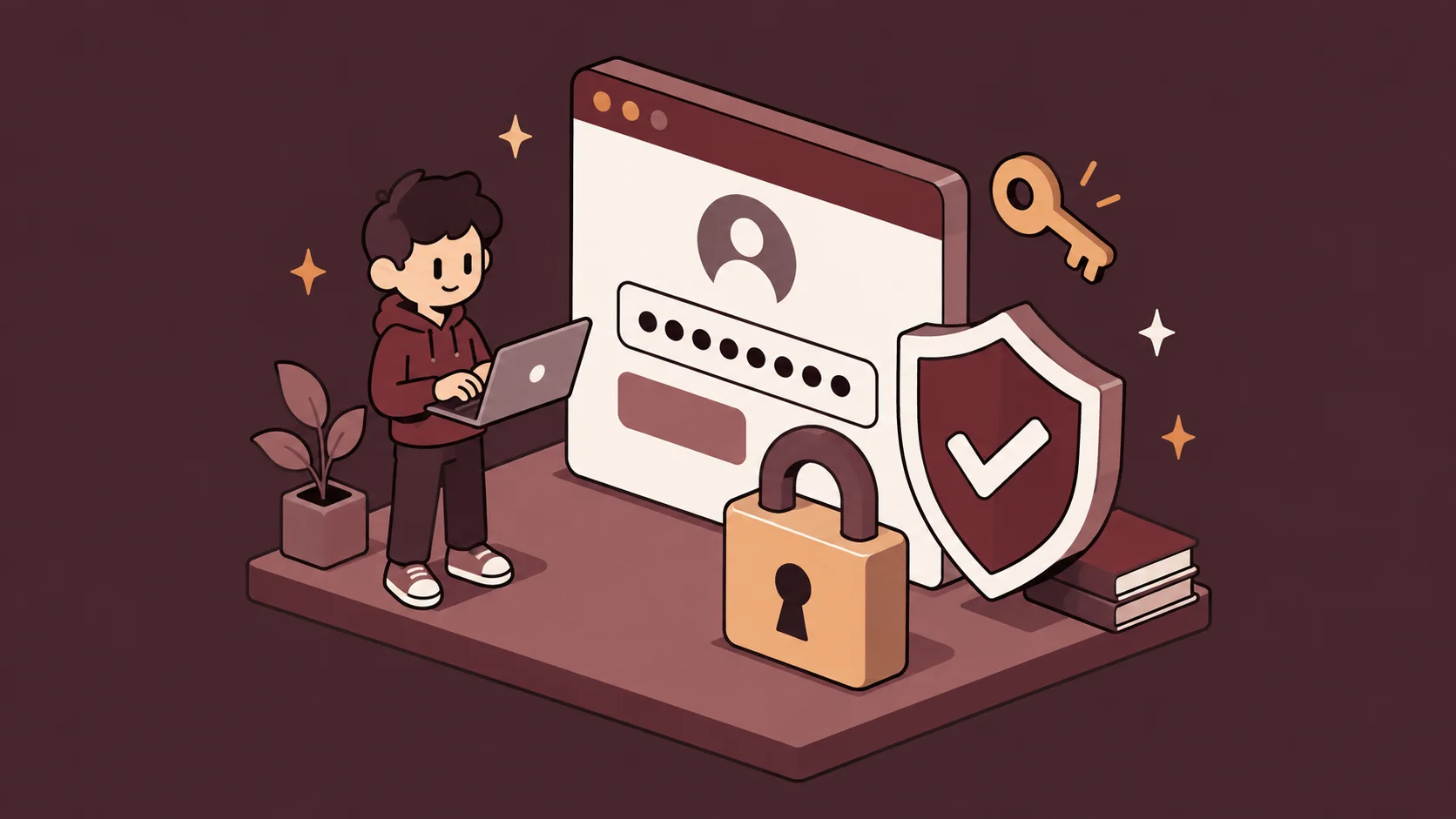 A cartoon developer with a laptop beside a password login panel, a padlock, and a shield with a checkmark.